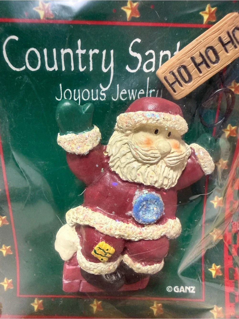 GANZ Maroon and Cream Country Santa Ornament with 'HO HO HO' Sign